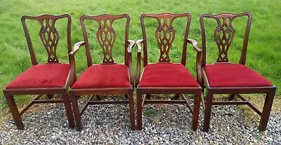 Superb Set Of 4 Chippendale Style Serpentine Antique Chairs 2 Carvers Red Velvet • £155