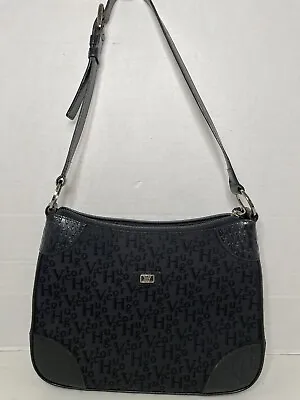 Victor Hugo Black Leather & Canvas Shoulder Bag Purse EUC • $48