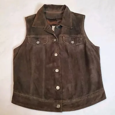 Vakko Vest Brown Leather Suede Collared Button Down Pockets Lined Size M • $29.99