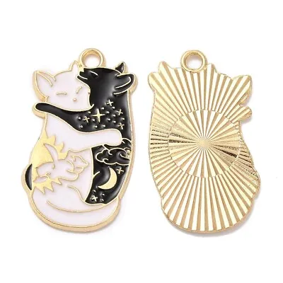 Enamel Charms Cats Hugging Yin Yang Black White Gold Base 30mm X 16mm 5pcs E327 • £3.75