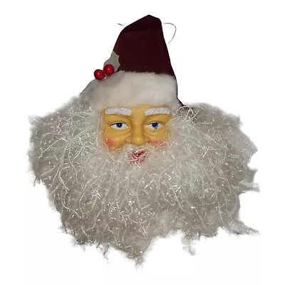 Vintage 8  Santa Claus Head Christmas Tree Ornament Plastic Face Hat & Bell • $14.99