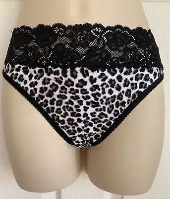 EX M*S Animal Print Cotton Rich Embroidery Lace Trim High Leg Knickers 10-22 • £3.59
