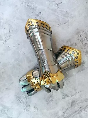 Brass Medieval Gauntlet Accents Knight Crusader Armor Steel Gauntlet Gloves Larp • $69.99