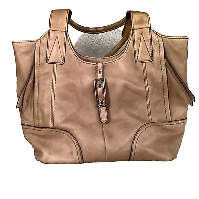 B. Makowsky Bernie Tan Leather Buckle Front Double Strap Shoulder Bag • $30