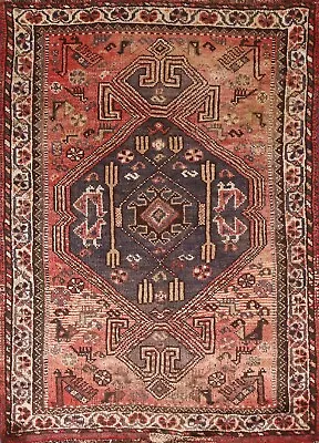 Vintage Rug 4x5 Ft.Geometric Qashqai Oriental Hand-Knotted Living Room Wool Rug • $399.60