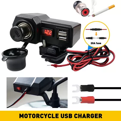 Motorcycle Handlebar Cigarette Lighter Socket Dual Charger USB W/ LED Voltmeter • $13.29