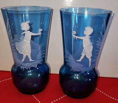 MARY GREGORY HAND PAINTED Hand Blown Art GLASS COBALT BLUE SET OF 2 • $15.99