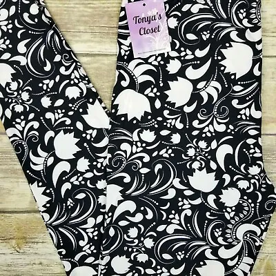 PLUS Aztec Floral Leggings Black White Flower Abstract Buttery Soft 10-18 TC • $12.76
