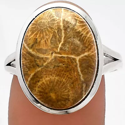 Natural Flower Fossil Coral 925 Sterling Silver Ring S.9.5 Jewelry R-1005 • $15.99