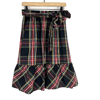 J Crew Skirt Size 0 Womens Black Red Big Bow Midi Plaid Tartan Ruffle Tie Waist • $29.69