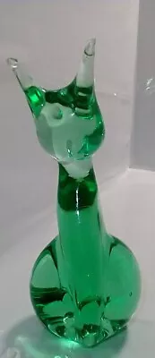 Vintage Murano Style Glass Two Toned Sommerso Green Cat Figurine UV Reactive • $64.99