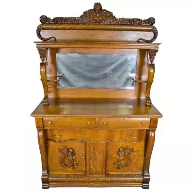 Antique Victorian Oak Carved Sideboard W/ Jenny Lind Cupid & Angels #21994 • $1450