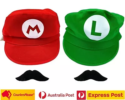 $5.95 • Buy Super Mario Luigi Hat & Moustache Plumber Bros Party Dress Up Red Green Plumbers