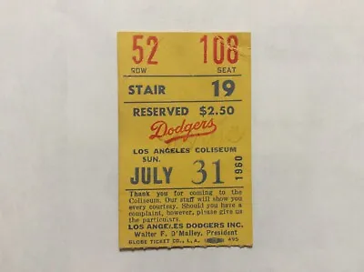 July 31 1960 Los Angeles Dodgers V. Milwaukee Braves Ticket Stub DON DRYSDALE • $29.99