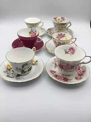 LOT OF 6 VINTAGE TEA CUPS SAUCERS - ALL DIFFERENT Paragon Taylor & Kent Clare • $59.99