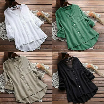 Blouse Loose Button Oversized Linen Tunic Long Sleeve Baggy Top Shirt Women • £7.02