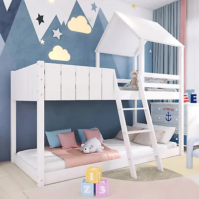Wooden Bunk Beds 3FT Treehouse Loft Bed Kids Mid-Sleeper Cabin Bed 90x190 White • £324.99