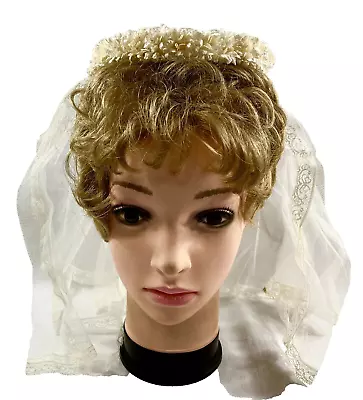 1950s Womens Bridal Wedding Hat W/ Veil White Flower Trim Size L Vintage 15448 • $40