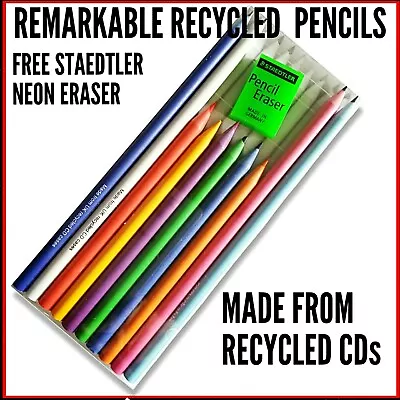  Recycled Pencils Set REMARKABLE 4 X HB 6 X Colour MADE FROM OLD CDs FREE ERASER • £6.90