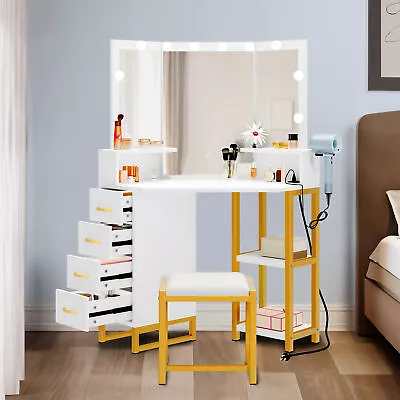 Vanity Table Set With LED Lighted Mirror & Stool Makeup Dressing Dresser Desk • $169.80