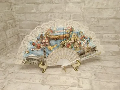 Vintage Italy Souvenir Hand Fan Fabric Lace 9  Firenze Santa Croce Ponte Vecchio • $6.98