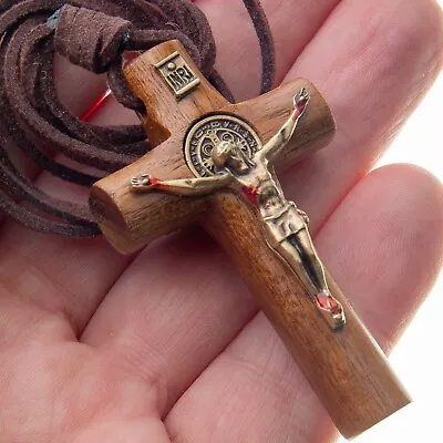 Wooden Cross Crucifix St Benedict Necklace Leather Cord Men Women Adjustable • $16.95