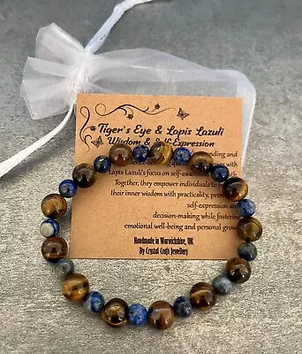 TIGER'S EYE & LAPIS LAZULI Stretch Bracelet Handmade Crystal Gemstone For Wisdom • £6.95