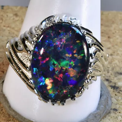 BARGAIN! Big Genuine Australian Opal Mans Solid 925 Silver Ring (16938) • $327.50