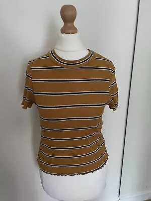 Girls New Look 915 Mustard Colour Stripe Short Sleeve Top Age 12-13 Years • £2.49