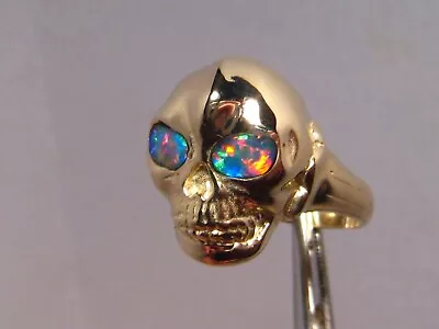   Men's Opal  Skull Ring     Solid 14 K Gold  Size 10 3/4   Blood Red  Sky Blue  • $1650