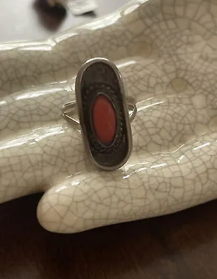 OLD PAWN Vintage Navajo Sterling Silver Coral Ring Size 5 1/2 Oblong Big Stone • $29