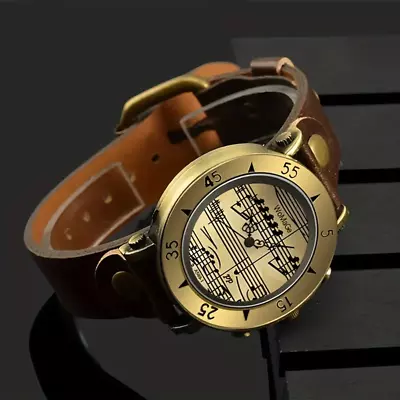 Brown Vintage Music Symbol Quartz Watch Round Dial PU Leather Band | Ideal Gift • $25.98