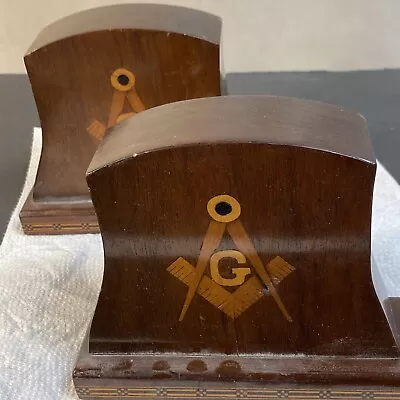 Vtg Or Antique Handcrafted Freemason Masonic Wood Marquetry Bookends Inlaid • $495