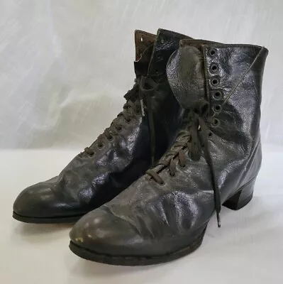 Pair Antique 1900s Womens Leather High Laced Boot Shoe Black Victorian Steampunk • $58