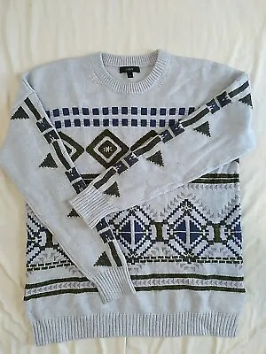 J CREW Abstract Fair Isle Blue Olive Navy Wool Mohair Sweater Sz M B6163 • $20