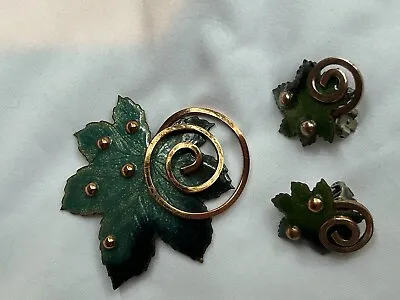 Vintage RENOIR MATISSE Copper Enamel Leaf Shape Brooch & Earrings Blue & Green • $39.99