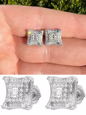 925 Silver Iced Real Hip Hop Men's Earrings Large Square Kite Baguette CZ • $37.33