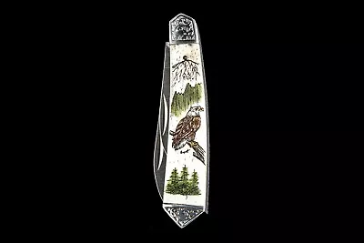 Etched Eagle Vertical Scrimshaw Collection Large Dual Blade Bovine Pocket Knife • $61.20