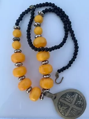 Vintage African Berber Morocan  Necklace Silver Abmer Resin Beads Womens Jewelry • $10.50