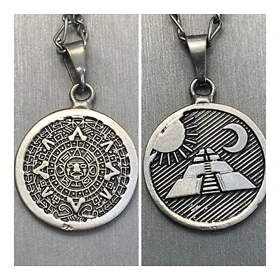 Mens Sterling Silver Aztec Calendar Pyramid Reversible Necklace 24” Chain • $36.99