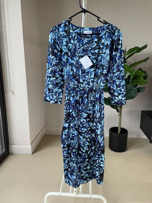 $160 • Buy SCANLAN THEODORE New Blue Printed Tuck Midi Dress 12- Better For 10 Or Small 12