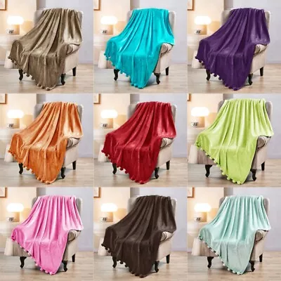 Fleece Throw Blanket With Pompom Fringe Lightweight Cozy Bed Blanket Soft Throw • $22.49