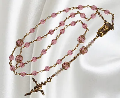 Handmade Unbreakable Rosary Anglican Czech Pink Crystal Gold Tone Ornate Cross • $85