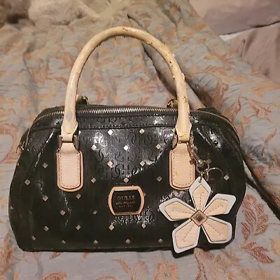 $35 • Buy GUESS Black Embossed Signature Eyelet Flower Handbag Bag Satchel Purse VTG