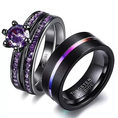 Wedding Ring Set His Hers Couples Matching Rings Women's 18k Black Gold Fille... • $36.66