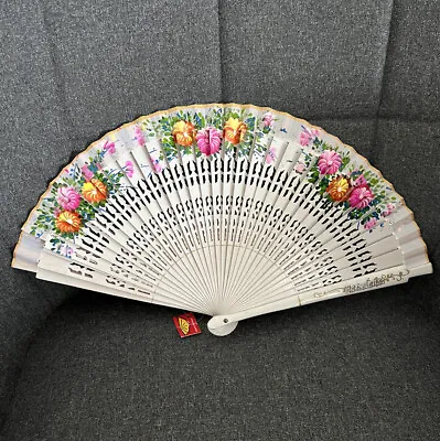 Vtg 9  Wood & Silk Folding Hand Painted Fan ESPANA Spanish Flamenco Signed • $33