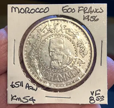 1956 Morocco 500 Francs .900 Silver Coin Mohammed V/KM#54/VF+ • $45