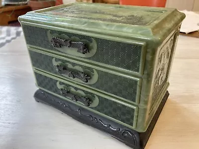 Vintage Asian Carved Green Marbled Celluloid Jewelry Box Jade Look 3 Drawers 7  • $7.99