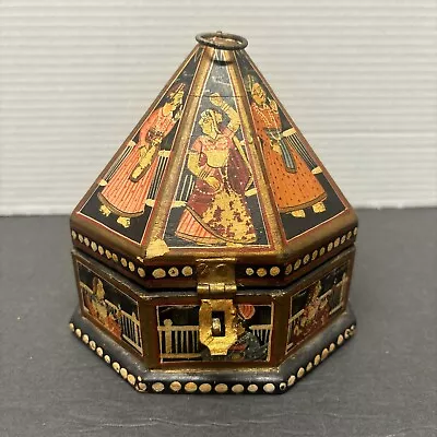 Indian Mughal Wood Marriage Nesting Box Octagonal Hand Painted 8” Jewelry • $49.99
