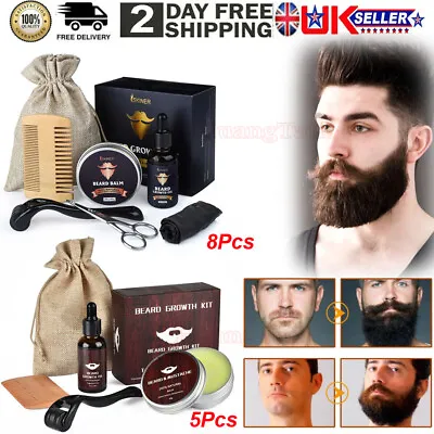 £5.99 • Buy Men Beard Care Kits Mustache Growth Grooming Oil Balm Brush Comb+Scissors Gifts